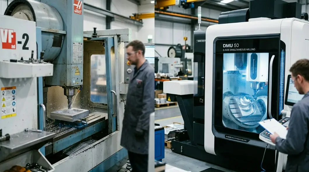A side-by-side technical comparison diagram showing a 3-axis CNC vertical milling center next to an advanced 5-axis simultaneous CNC machine carving complex geometries on a high-grade aluminum block.