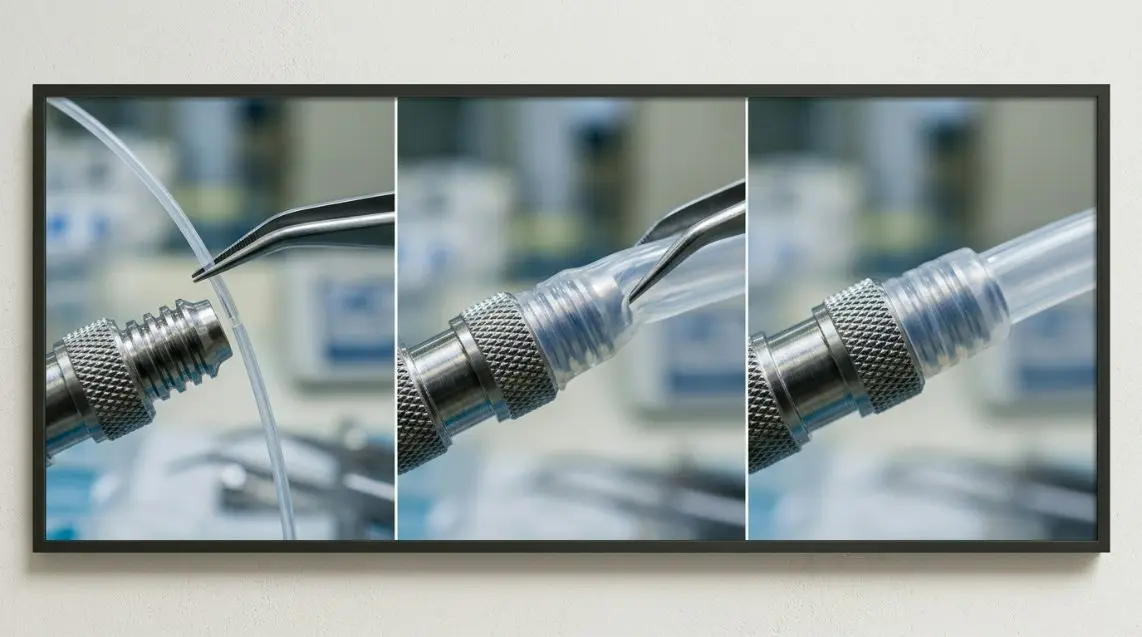 A multi-pane technical illustration showing the sequential step-by-step physical assembly of a medical micro-tube onto a precision stainless steel connection joint.
